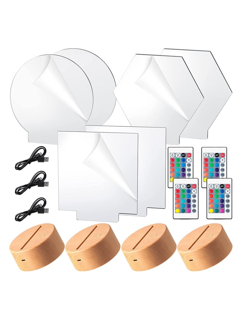 SYOSI - 3D Night LED Light Lamp Bases 6 Pieces Clear Acrylic Sheets LED Display Base Acrylic Blanks for LED Base Acrylic Light Panel with Remote Control USB Cable 16 Colors 4 Modes 4 Pieces Wood Color - Image 1