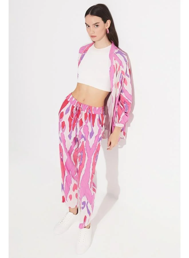 JUNE Exclusive Patterned Linen Blend Kimono Fuchsia