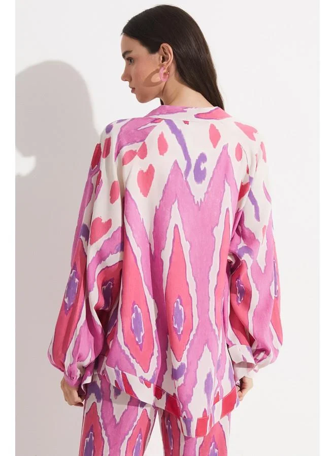 JUNE Exclusive Patterned Linen Blend Kimono Fuchsia