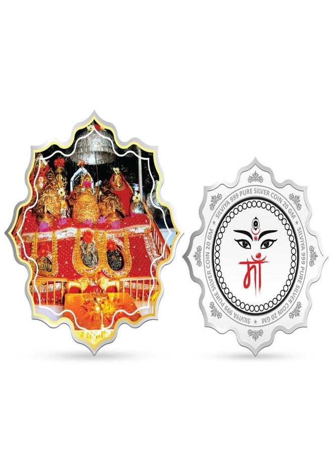 Silviya BIS Hallmarked Mata Vaishno Devi 999 Pure Silver Coin (20g) Lotus Shape: Hindu Goddess - Vaishno Devi Shrine - Katra Pilgrimage - Religious Gift - Image 1