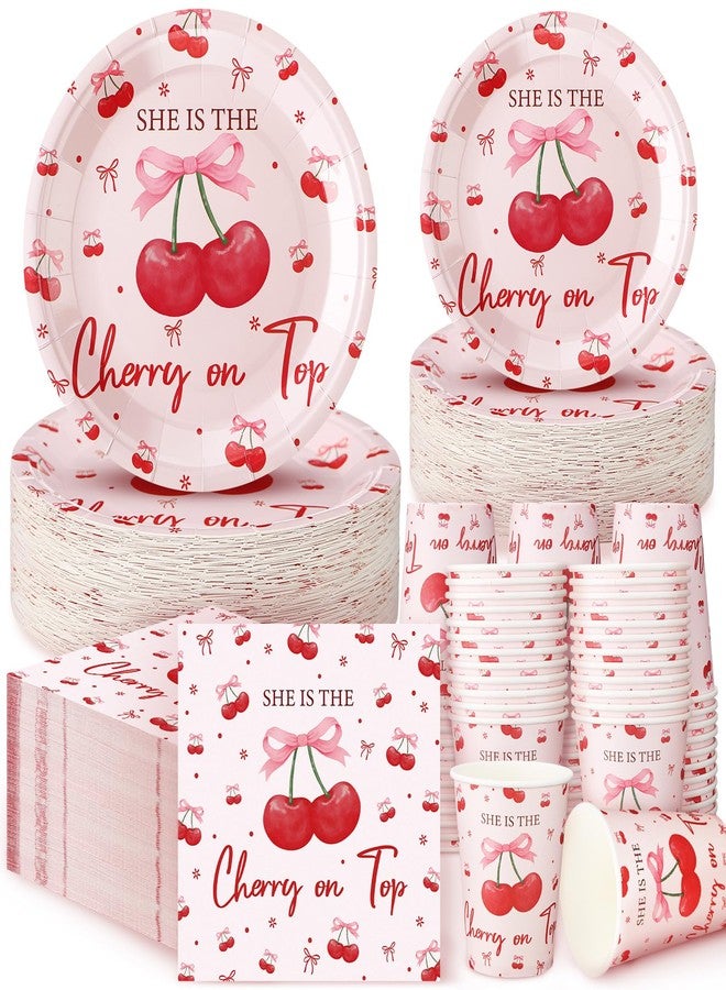 Zhehao 200 Pcs She's the Cherry on Top Decoration Baby Shower Plates Napkins Sets Birthday Party Bridal Shower Decoration Wedding Paper Plates Engagement Bachelorette Supplies,Serve 50 - Image 1