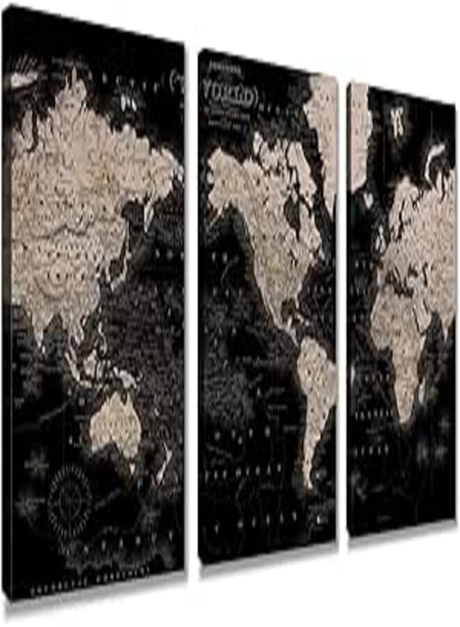 Vintage World Map Canvas Wall Art Retro Map of The World Canvas Prints Framed and Stretched for Living Room Ready to Hang 12''x16'' 3 Piece 