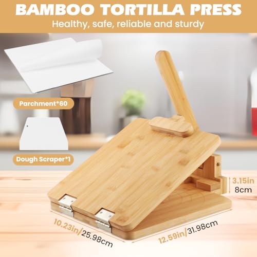 Trasylph Upgraded Bamboo Wooden Tortilla Press, 10 Inch Square Tortilla Maker with 60pcs Parchment Paper, Mexican Tortillera Presser Tortillas Pataconera Dough Press(COLOR:Wood Color) - Image 2