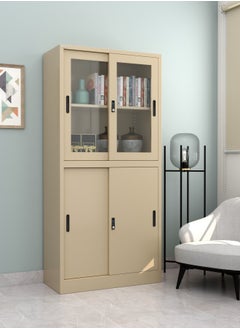 RIGID Steel Four Sliding Door Metal Filing Cabinet with 2 Glass Door BEIGE 180x85x39cm  - Image 1