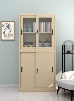 RIGID Steel Four Sliding Door Metal Filing Cabinet with 2 Glass Door BEIGE 180x85x39cm  - Image 5