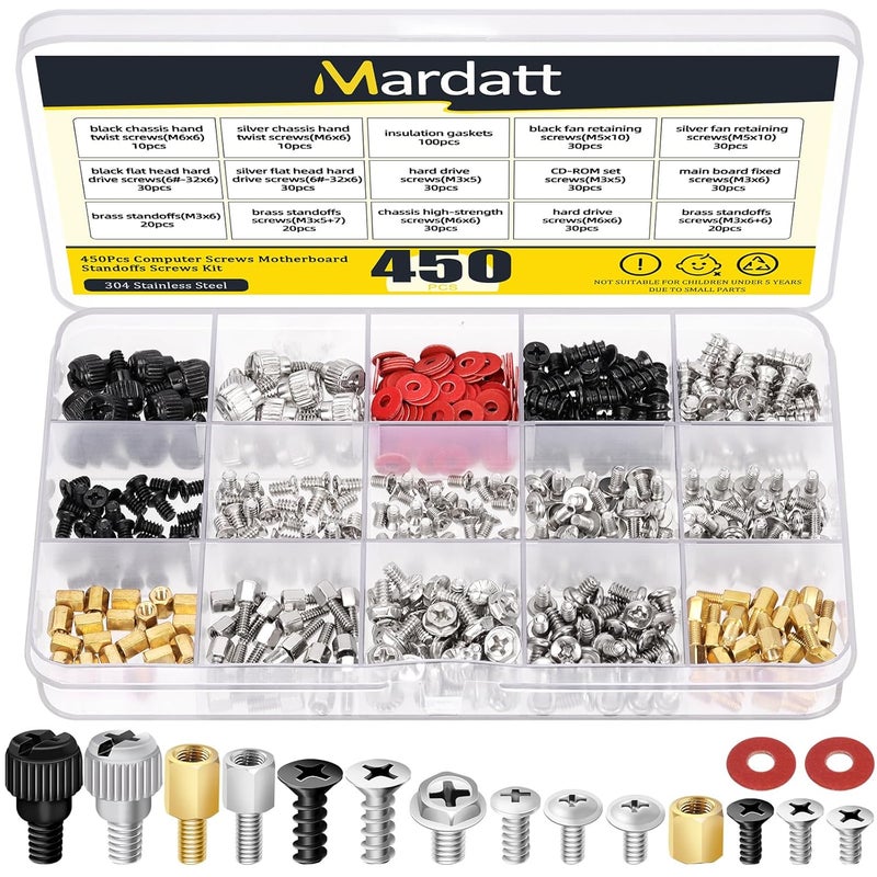 Mardatt 450Pcs Computer Screws Motherboard Standoffs Screw Kit, PC Computer Screws Kit Laptop Scew for Universal Motherboard, HDD, SSD, Hard Drive, Case, Fan, CD-ROM - Image 1