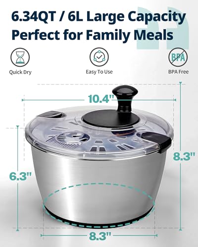 SveBake Stainless Steel Salad Spinner, 6.34Qt Large Lettuce Dryer, BPA-Free Vegetable & Fruit Washer with Drain, Easy Clean, Non-Slip Base, Transparent Lid - Image 5