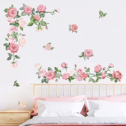decalmile Pink Rose Flower Wall Decals Floral Vine Wall Stickers Living Room Bedroom Nursery Wall Decor Gifts for Her Mom - Image 3