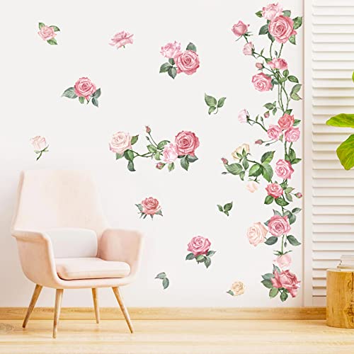 decalmile Pink Rose Flower Wall Decals Floral Vine Wall Stickers Living Room Bedroom Nursery Wall Decor Gifts for Her Mom - Image 1