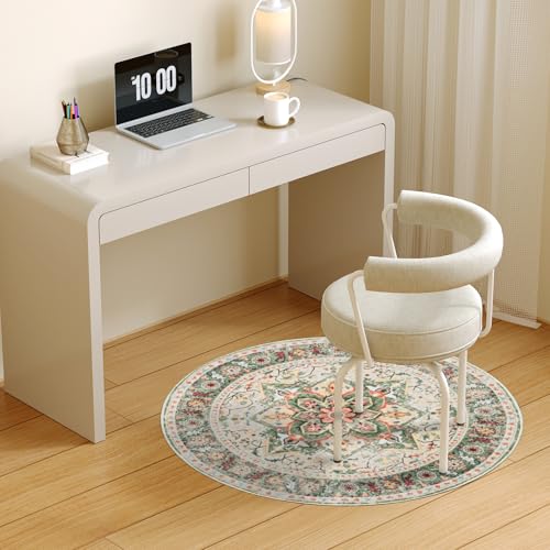 COYACOOL Round Rug for Living Room, 3Ft Round Washable Rug, Boho Small Circle Kitchen Area Rugs, Non Slip Low Pile Circular Rugs, Soft Round Carpet for Bedroom, Office, Kitchen Entryway, Bathroom (CreamGreen) - Image 4