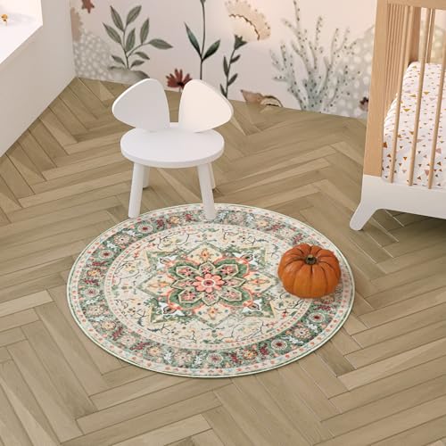 COYACOOL Round Rug for Living Room, 3Ft Round Washable Rug, Boho Small Circle Kitchen Area Rugs, Non Slip Low Pile Circular Rugs, Soft Round Carpet for Bedroom, Office, Kitchen Entryway, Bathroom (CreamGreen) - Image 5
