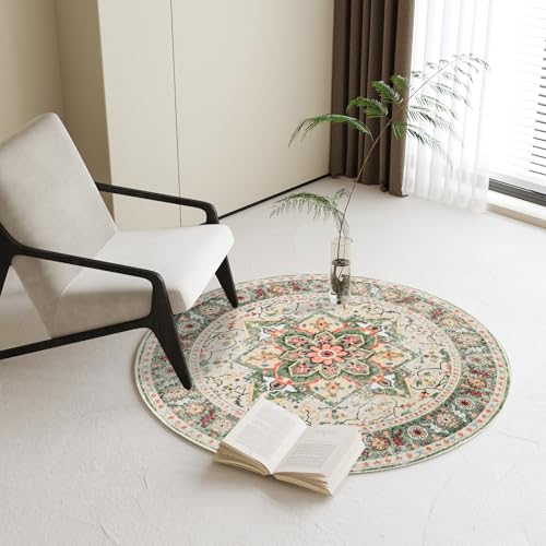 COYACOOL Round Rug for Living Room, 3Ft Round Washable Rug, Boho Small Circle Kitchen Area Rugs, Non Slip Low Pile Circular Rugs, Soft Round Carpet for Bedroom, Office, Kitchen Entryway, Bathroom (CreamGreen) - Image 1
