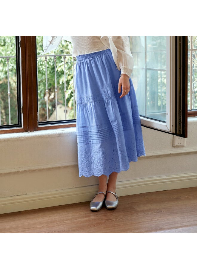 Olrain High Waist Cake Skirt Lace Mid-length Skirt Blue L - Image 1