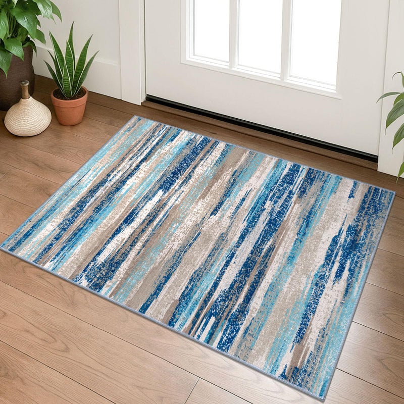 Lansny Small Abstract Area Rug, Entryway Rug Washable Door Mat Indoor Entrance, 2x3 Washable Rug Non-Slip, Soft Blue Kitchen Rugs Thin Print Faux Wool Floor Carpet Throw Rugs for Foyer Front Door Sink - Image 1