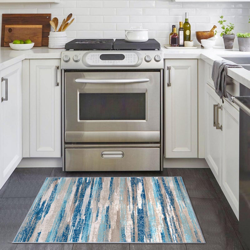 Lansny Small Abstract Area Rug, Entryway Rug Washable Door Mat Indoor Entrance, 2x3 Washable Rug Non-Slip, Soft Blue Kitchen Rugs Thin Print Faux Wool Floor Carpet Throw Rugs for Foyer Front Door Sink - Image 2