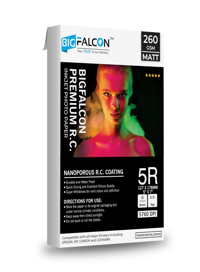 BIGFALCON Premium MATT (Luster) Photo Paper 260 GSM 5R Size (5X7 Inch) RC Resin Coated Water proof Inkjet Photo Paper 25 Sheets for all Inkjet Printer - Image 1