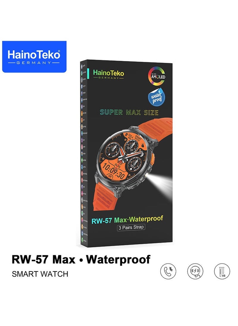 Haino Teko - Haino Teko RW-57 Max Waterproof Smartwatch With Large Screen AMOLED Display Built in Flash Light 3 Pair Straps and Charging Cable Designed For Men - Image 1