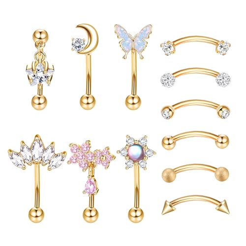 Drperfect 12 PCS Rook Piercing Jewelry Rook Earrings for Women Men Eyebrow Rings 16G Stainless Steel Curved Barbell Dangle CZ Belly Lip Ring Cartilage Daith Surface Tragus Piercing Jewelry - Image 1