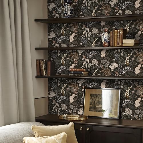 Guvana Peel and Stick Wallpaper Black Floral Wall Paper Vintage Contact Paper Removable Self Adhesive Wallpaper for Bathroom Bedroom Cabinet and Drawer Waterproof (Black Brown) 17.3"×78.7" - Image 2