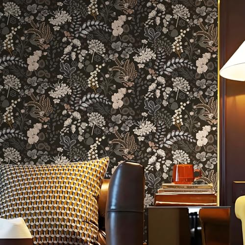 Guvana Peel and Stick Wallpaper Black Floral Wall Paper Vintage Contact Paper Removable Self Adhesive Wallpaper for Bathroom Bedroom Cabinet and Drawer Waterproof (Black Brown) 17.3"×78.7" - Image 3