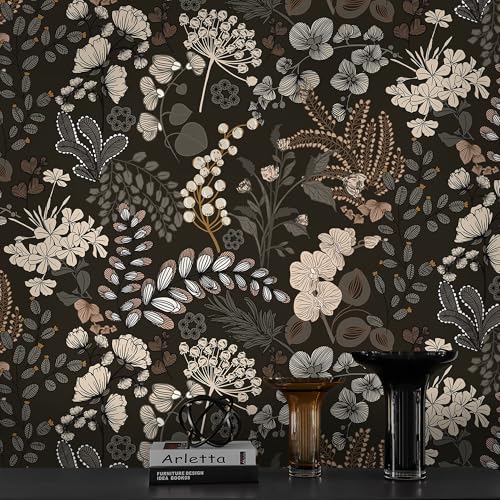 Guvana Peel and Stick Wallpaper Black Floral Wall Paper Vintage Contact Paper Removable Self Adhesive Wallpaper for Bathroom Bedroom Cabinet and Drawer Waterproof (Black Brown) 17.3"×78.7" - Image 1