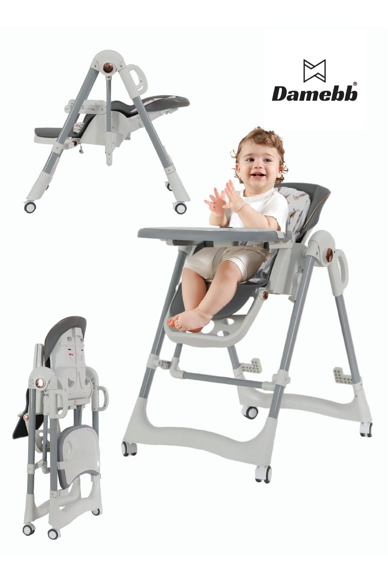 Damebb Baby High Chair for Infants to 6 Years | 5-Height Adjustable & Foldable Feeding Chair with Wheels, Double Trays, 4-Position Recline, 3-Stage Footrest & 5-Point Harness | Easy Push handle, Safe & Comfortable-Gary - Image 1