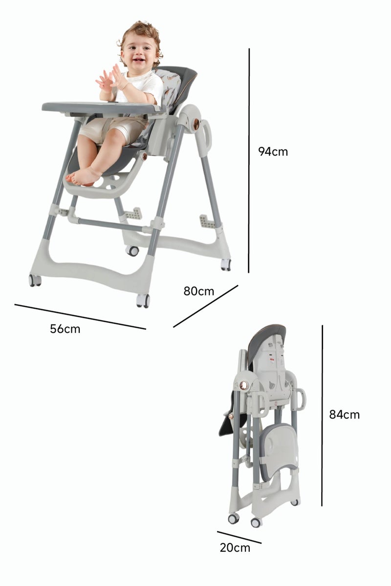 Damebb Baby High Chair for Infants to 6 Years | 5-Height Adjustable & Foldable Feeding Chair with Wheels, Double Trays, 4-Position Recline, 3-Stage Footrest & 5-Point Harness | Easy Push handle, Safe & Comfortable-Gary - Image 5