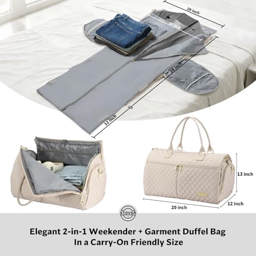 STOVER Womens Convertible Garment Duffel Bag for Travel 2in1 CarryOn WeekenderOvernight Tote WrinkleFree Dresses Suits Clothes Shoe Compartment Bonus Toiletry Bag Cashmere Cream - Image 3