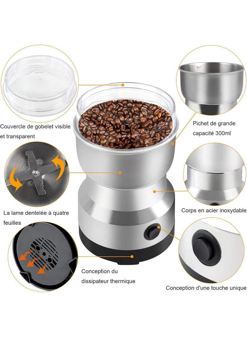 Generic Electric Coffee Grinder – Stainless-Steel Blade Bean & Spice Grinder, One-Touch Operation, Transparent Lid, Easy-Clean Bowl – Portable Household Mill for Coffee Beans, Nuts & Seeds – Silver – 1pcs - Image 2