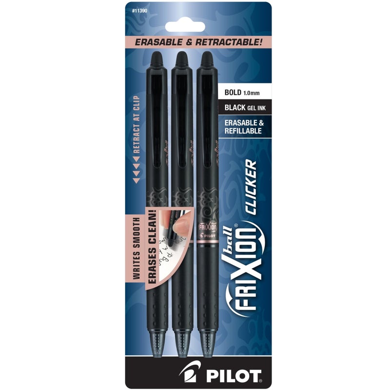 Pilot® FriXion® Ball Clicker Erasable Retractable Gel Pens, Pack of 3, Bold Point, 1.0 mm, Black Barrels, Black Ink - Image 1