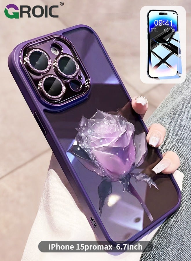 GROIC Case Compatible with iPhone 15 Pro Max 6.7 Inches Glitter Case with HD Glass Screen Protector, Phone Case Electroplated with Rhinestone Eternal Flower Protective Cover Slim Glitter Clear Case - Image 1