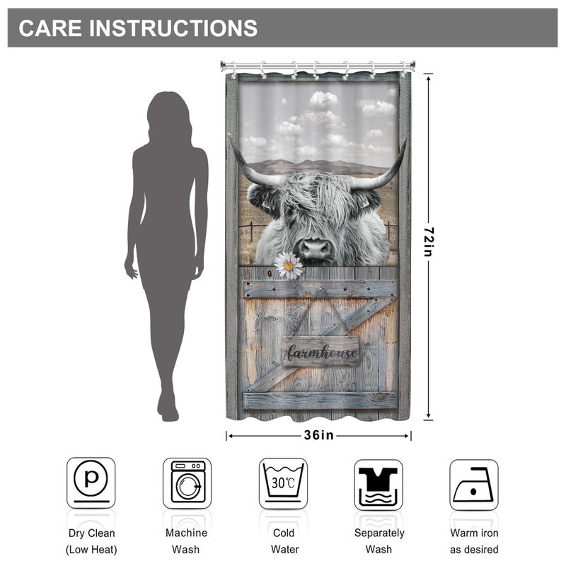 AMBZEK Small Stall Funny Highland Cow Shower Curtain 36Wx72L Inch Rustic Farmhouse Bull Wooden Barn Door Western Animal Artwork Cloth Fabric Waterproof Polyester Bathroom Decor Set with 7 Pack Hooks - Image 4