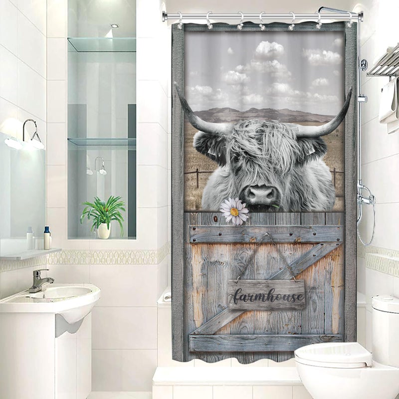 AMBZEK Small Stall Funny Highland Cow Shower Curtain 36Wx72L Inch Rustic Farmhouse Bull Wooden Barn Door Western Animal Artwork Cloth Fabric Waterproof Polyester Bathroom Decor Set with 7 Pack Hooks - Image 1