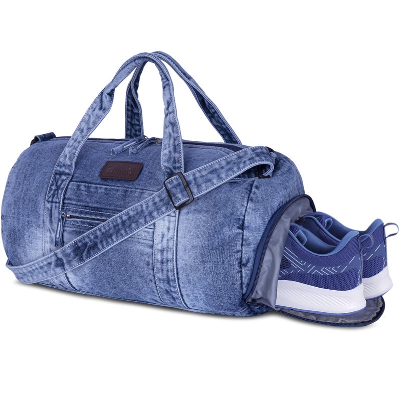 Zainto Denim Gym Bag for Men & Women | Fashion Fitness Duffle Bag with Shoe Compartment | Premium Cotton Denim Gym Bag for Travel. - Image 1