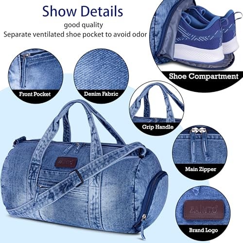 Zainto Denim Gym Bag for Men & Women | Fashion Fitness Duffle Bag with Shoe Compartment | Premium Cotton Denim Gym Bag for Travel. - Image 3