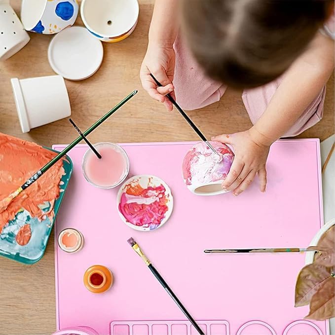 KORTELOZ Silicone Painting Mat with Palette, Brush Holder, and Painting Area, Pink Color, 43 * 38 cm - Image 4
