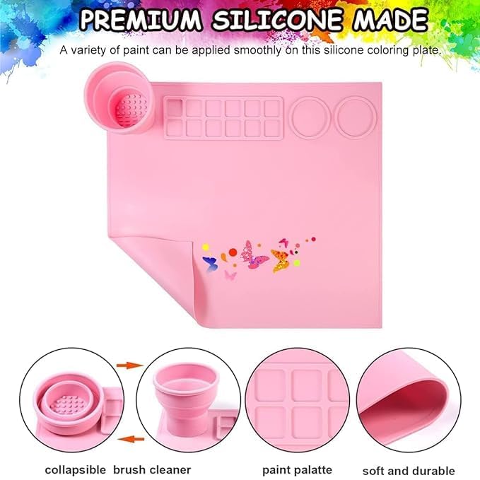 KORTELOZ Silicone Painting Mat with Palette, Brush Holder, and Painting Area, Pink Color, 43 * 38 cm - Image 5