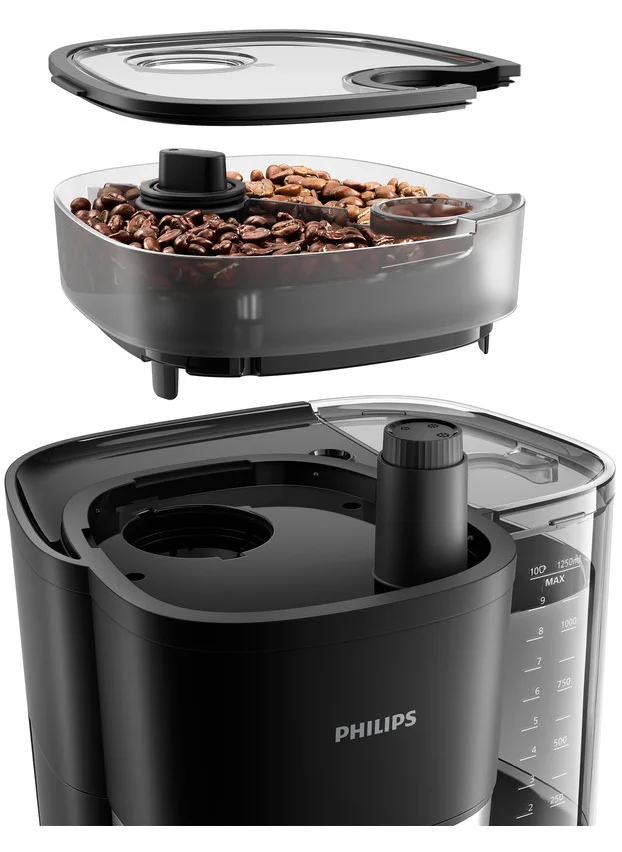 Philips All-in-One Brew Drip Coffee Maker - With Built-in Grinder, Up to 15 Cups, Glass Jug, Auto Off function, Timing Controlled Brewing Program, Duo Beans Container,