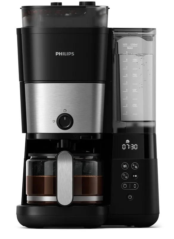 Philips All-in-One Brew Drip Coffee Maker - With Built-in Grinder, Up to 15 Cups, Glass Jug, Auto Off function, Timing Controlled Brewing Program, Duo Beans Container,