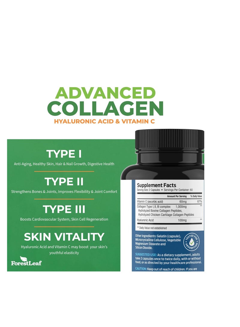 ForestLeaf Multi Collagen Pills with Hyaluronic Acid + Vitamin C Multi Collagen Capsules Peptides for Skin, Wrinkles, 120 Caps 60 Servings - Image 2