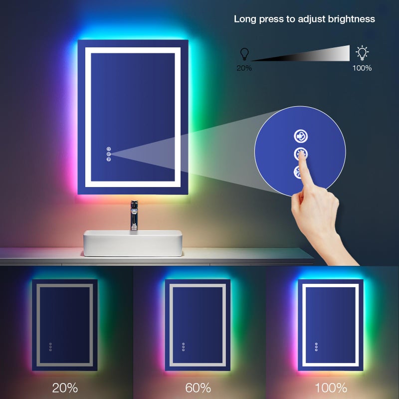 LOAAO 24"X32" LED Bathroom Mirror with Lights, Anti-Fog, Dimmable, RGB Backlit + Front Lighted, Bathroom Vanity Mirror for Wall, Memory Function, Shatter-Proof, Tempered Glass - Image 4