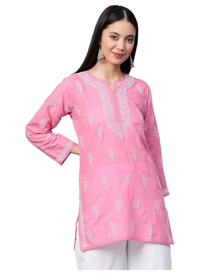 اي دي اي بلوزة كورتي قصيرة من القطن من لوكناوي تشيكانكاري مطرزة يدويًا للنساء من آدا A210943 وردي بصل (M) - Image 1