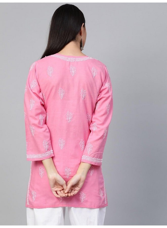 اي دي اي بلوزة كورتي قصيرة من القطن من لوكناوي تشيكانكاري مطرزة يدويًا للنساء من آدا A210943 وردي بصل (M) - Image 2