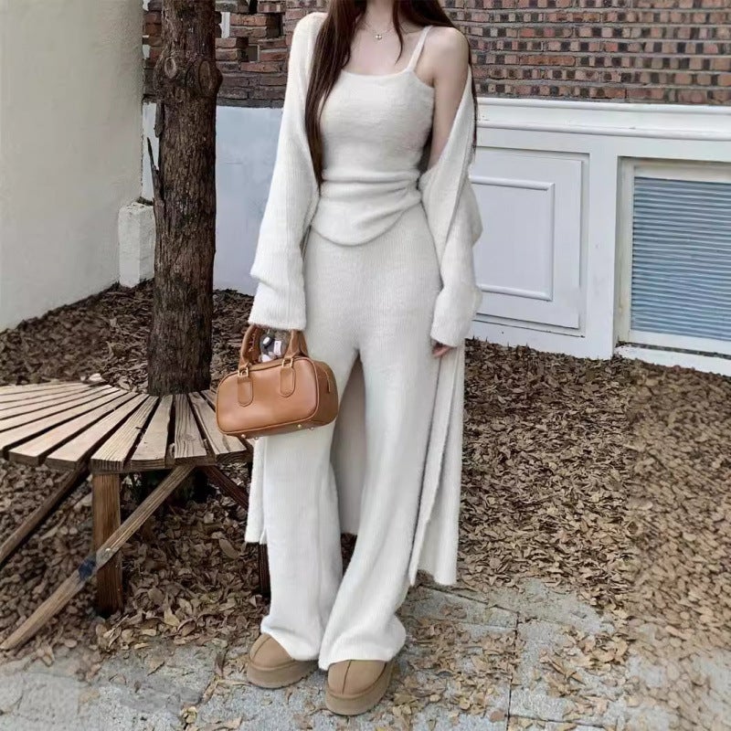 French Style Lazy Style Loose Long Imitation Mink Cashmere Jacket Autumn European Station Vest Wide-leg Pants Three-piece Set Creamy-white - Image 4