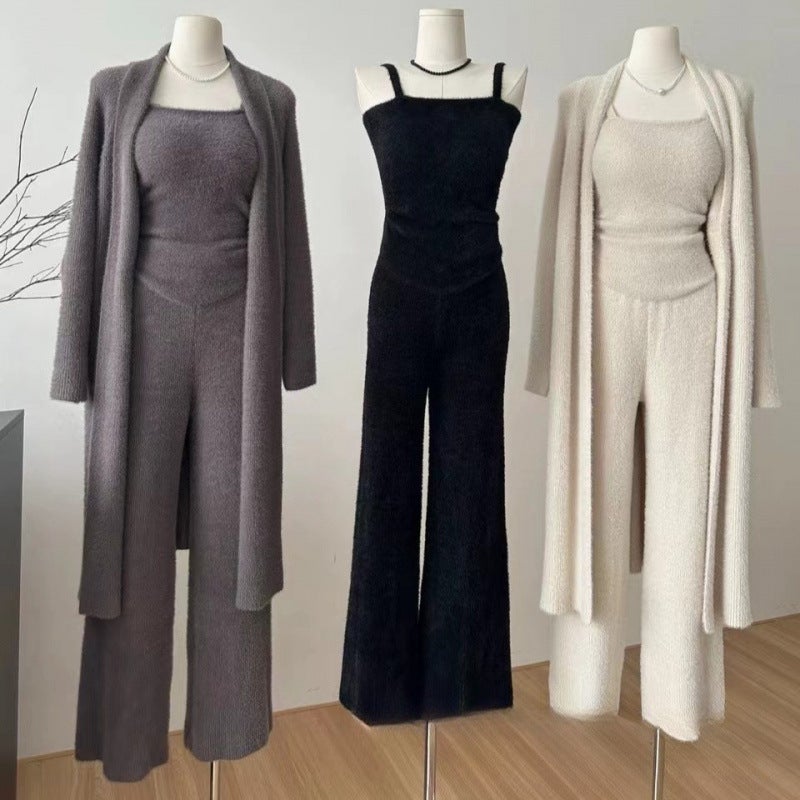 French Style Lazy Style Loose Long Imitation Mink Cashmere Jacket Autumn European Station Vest Wide-leg Pants Three-piece Set Creamy-white - Image 5