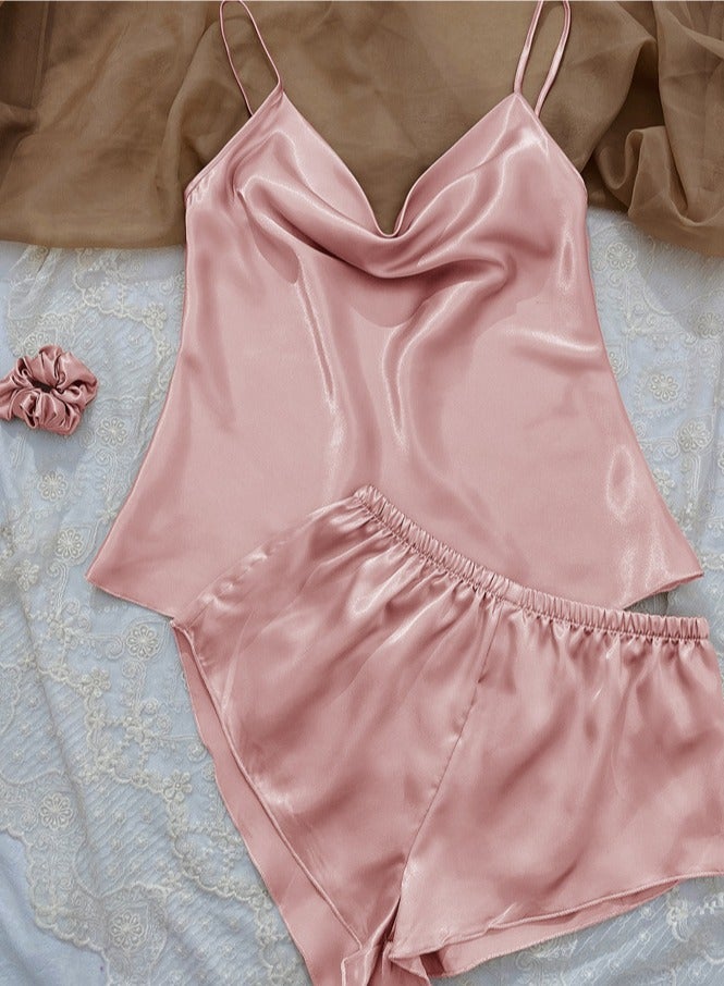 Women's 3-Piece Set Solid Color Nightgown Sleepwear Suspender Top,Shorts And Rubber Band Soft Loungewear Pajamas Suit Pink