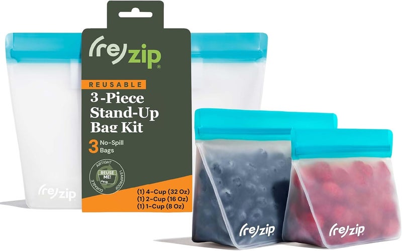 rezip 3-Piece Stand-Up Reusable Bag Bundle | BPA-Free, Food Grade, Leakproof, Freezer and Dishwasher Safe | Quart (1), 2-Cup (1), Snack (1) | Aqua - Image 1