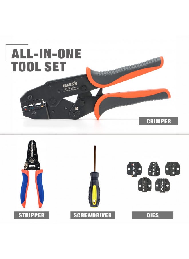 IWISS iCrimp Wire Crimping Tool Set with Wire Cable Stripper, Ratcheting Wire Crimper Tool with 5pcs Interchangeable Dies for Insulated and Non-insulated Connectors Terminal and End-sleeves Ferrule  - Image 2