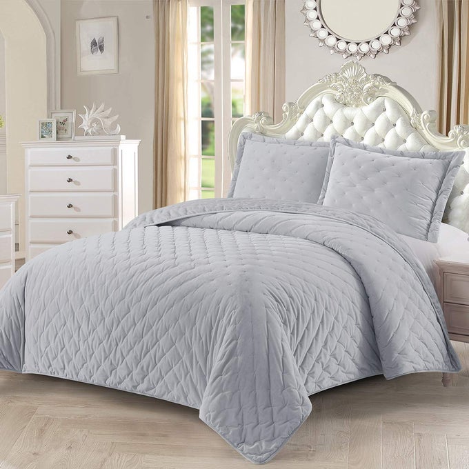 FLUFFY VELVET KING SIZE QUILT VELEVT GRAY 110X96 INCHES COVERLET 3PC SET OVERSIZED LUXURY 100 VELVET QUILT KING GRAY