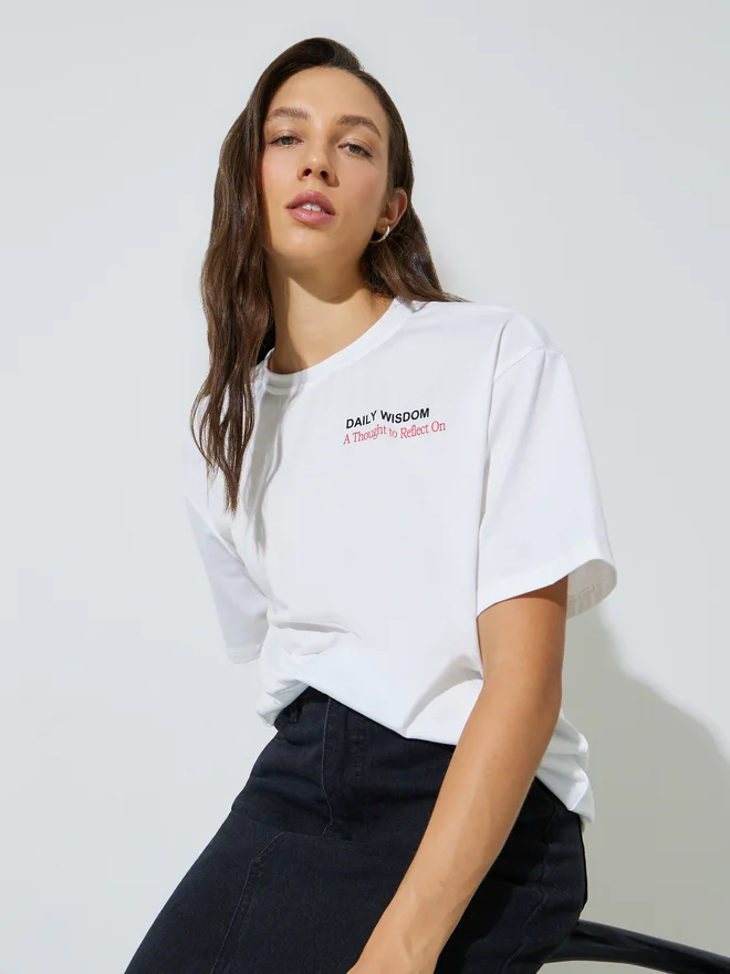 Styli Styli White Oversized Slogan Print T-Shirt